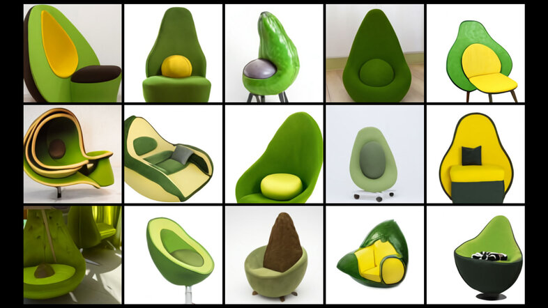 Beispiele von Bildern, die das KI-Modell DALL-E auf den Prompt "an armchair in the shape of an avocado" genierte.