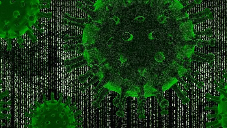 © Einige Corona-Viren vor einem Matrix-Code