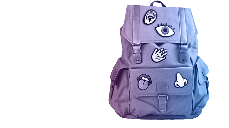 Rucksack mit Icons, die für die Sinne stehen, Ohr, Auge, Hand, Mund, Nase.
