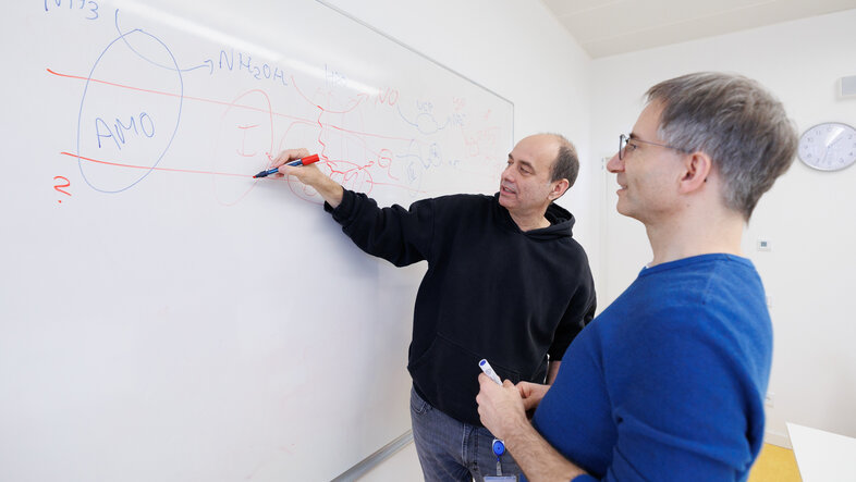 Michael Wagner und Forschungskollege Holger Daims zeichnen und besprechen Formeln am Whitboard