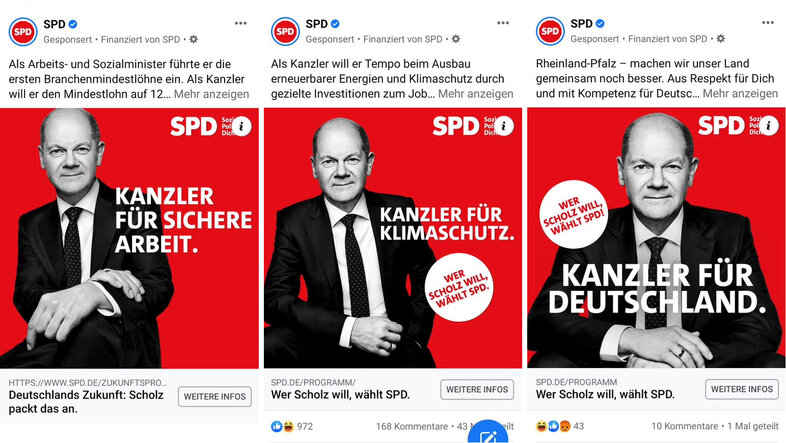 Collage aus drei SPD Ads aus der Bundestagswahl 2021, einmal mit Slogan Kanzler für Arbeit, einmal Kanzler für Klimaschutz, einmal Kanzler für Deutschland, immer mit Porträt von Scholz vor rotem Hintergrund und SPD Parteilogo