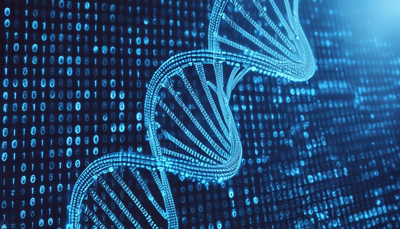 KI-generiertes Bild von einer DNA-Doppelhelix, im Hintergrund Nullen und Einsen