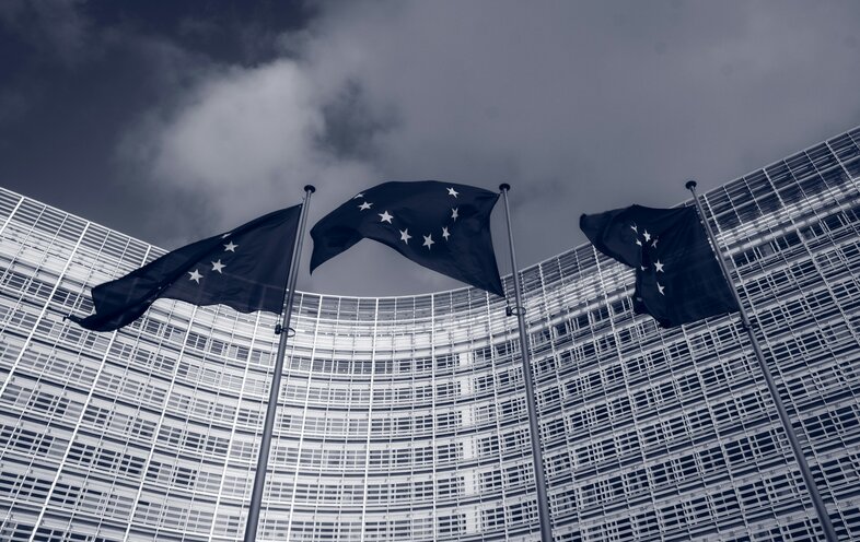 Image of three flags from worm's-eye view in front of the European parliament in foreboding colours