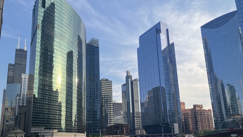 View of the Chicago skyline along the Chicago River.