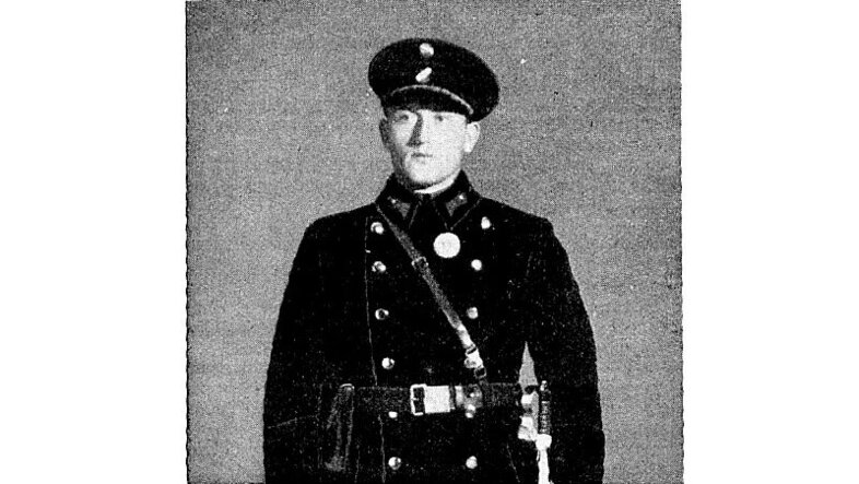 old black/white photograph of university guard