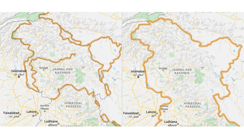 Split view screenshot Kashmir region from India and Pakistan, respectively