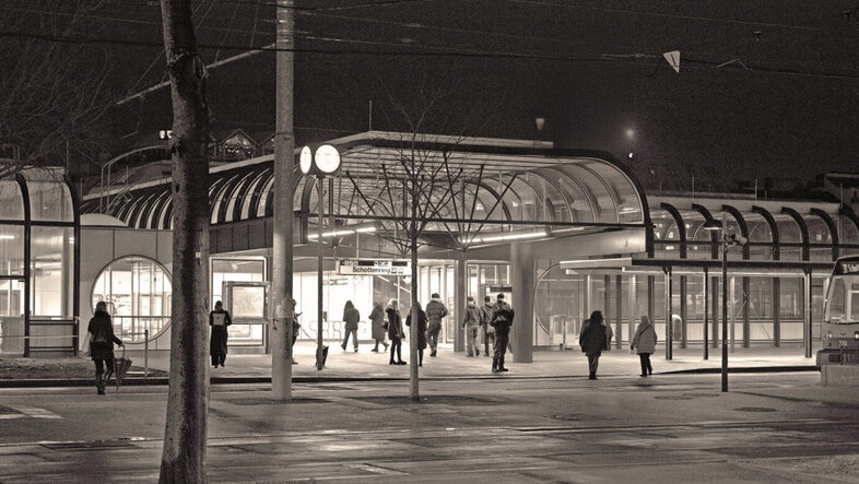 black-and-white photo of a subway entry in Vienna (Schottenring)