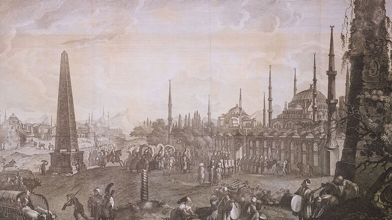 Scene in front of a city wall in an oriental city in the 18th century, drawing.