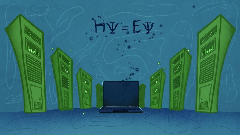 Artist's impression of a supercomputer server with a laptop and the Schrödinger equation